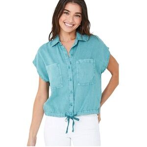 Bella Dahl Tie Waist Button Down Shirt Women's Size Small Green Tencel Lyocell